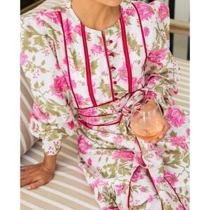 Sue Sartor Pink Floral Flounce Dress Cotton Midi Prairie Style Sz‎ M